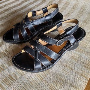 Born Handcrafted Black Leather Strap Wedge Sandal